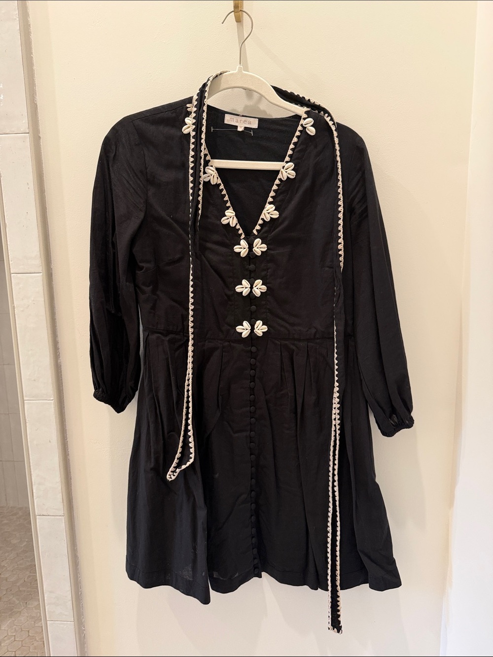Marée Black Mini Dress with White shell Trim and stitched tie/belt